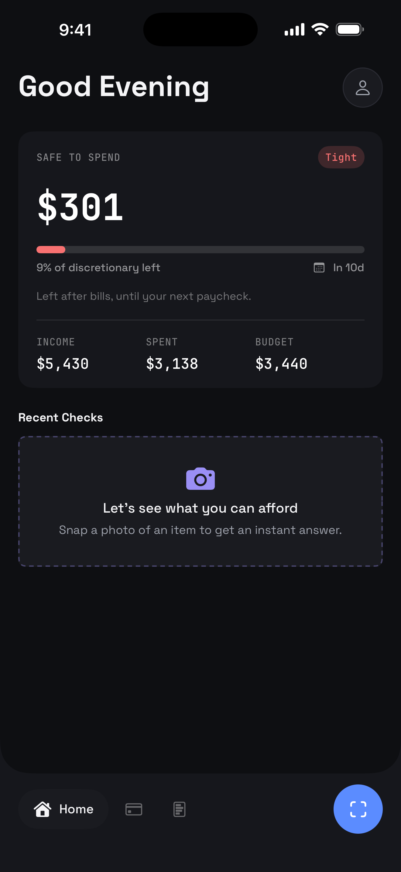 Pocket Pinch's Home screen in dark mode, showing Safe to Spend