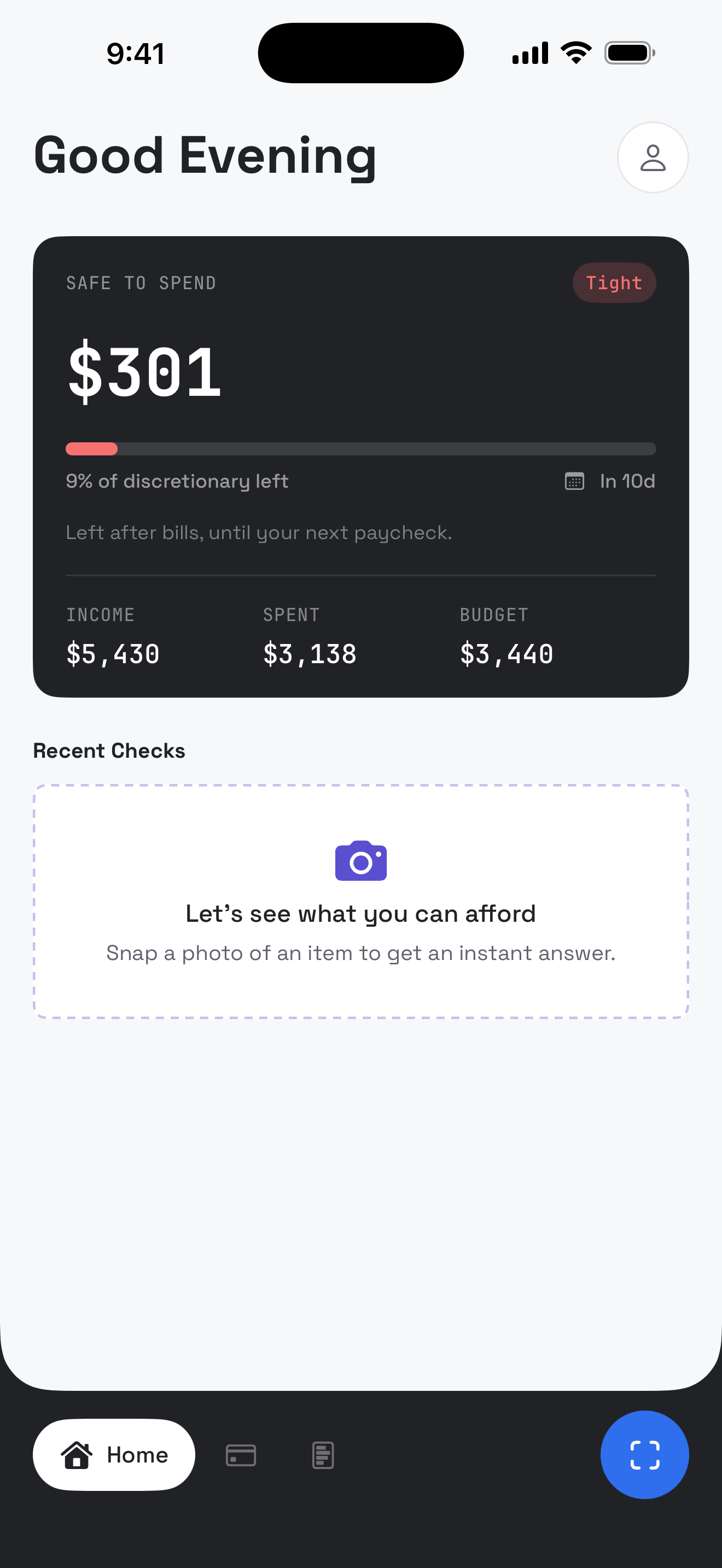 Pocket Pinch's Home screen, showing $301 Safe to Spend