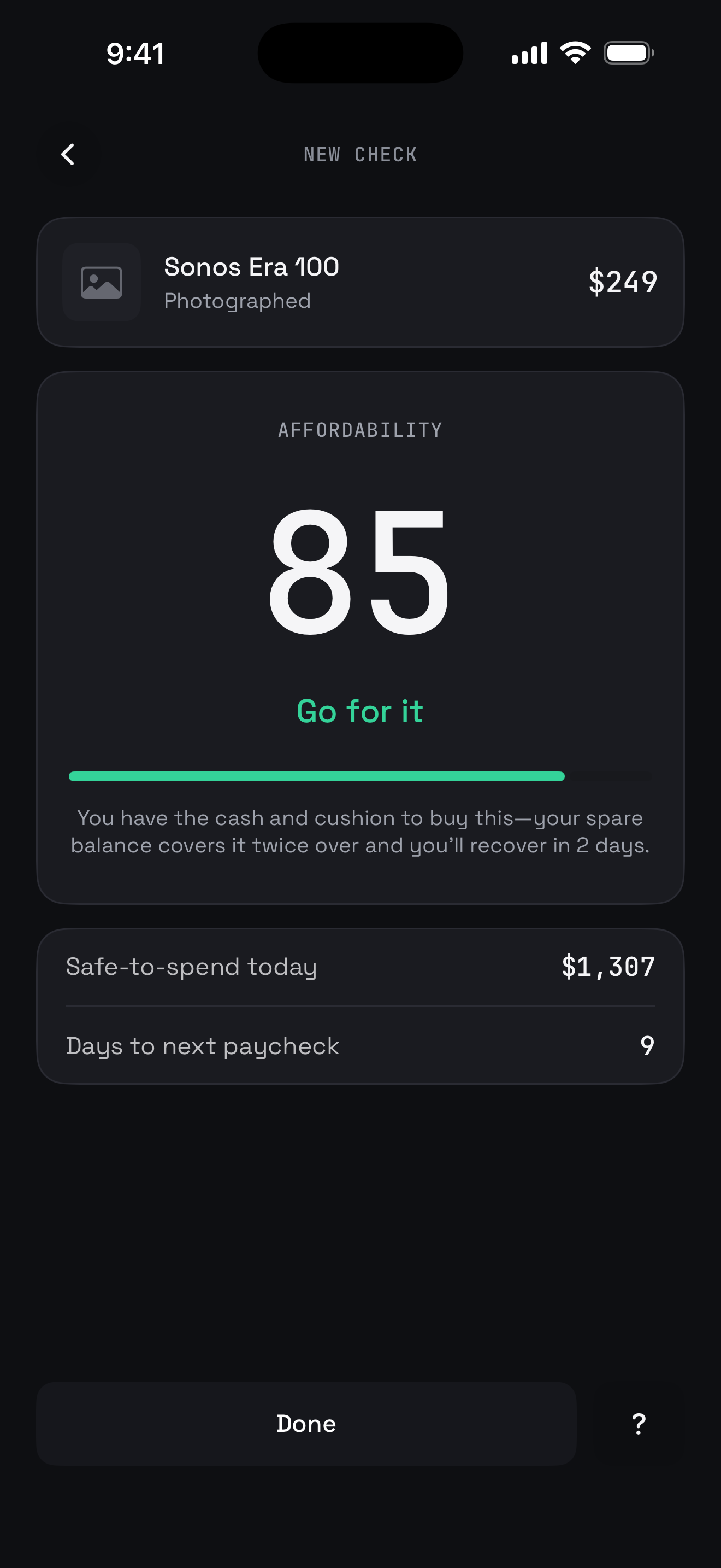 An affordability score of 85, labeled Go for it, shown in dark mode